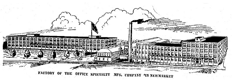 Period line illustration: Factory of the Office Specialty Mfg. Company in Newmarket.