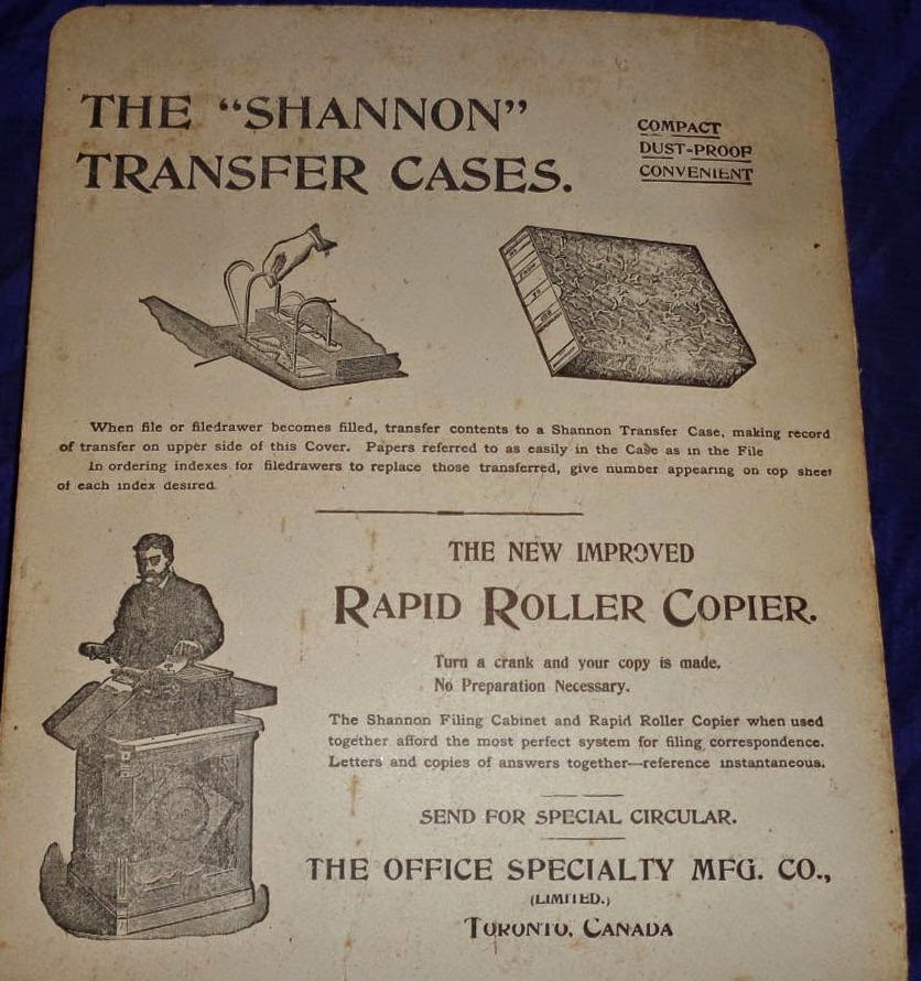 Period advertisement for the Shannon Transfer Cases manufactured by Office Specialty Co.